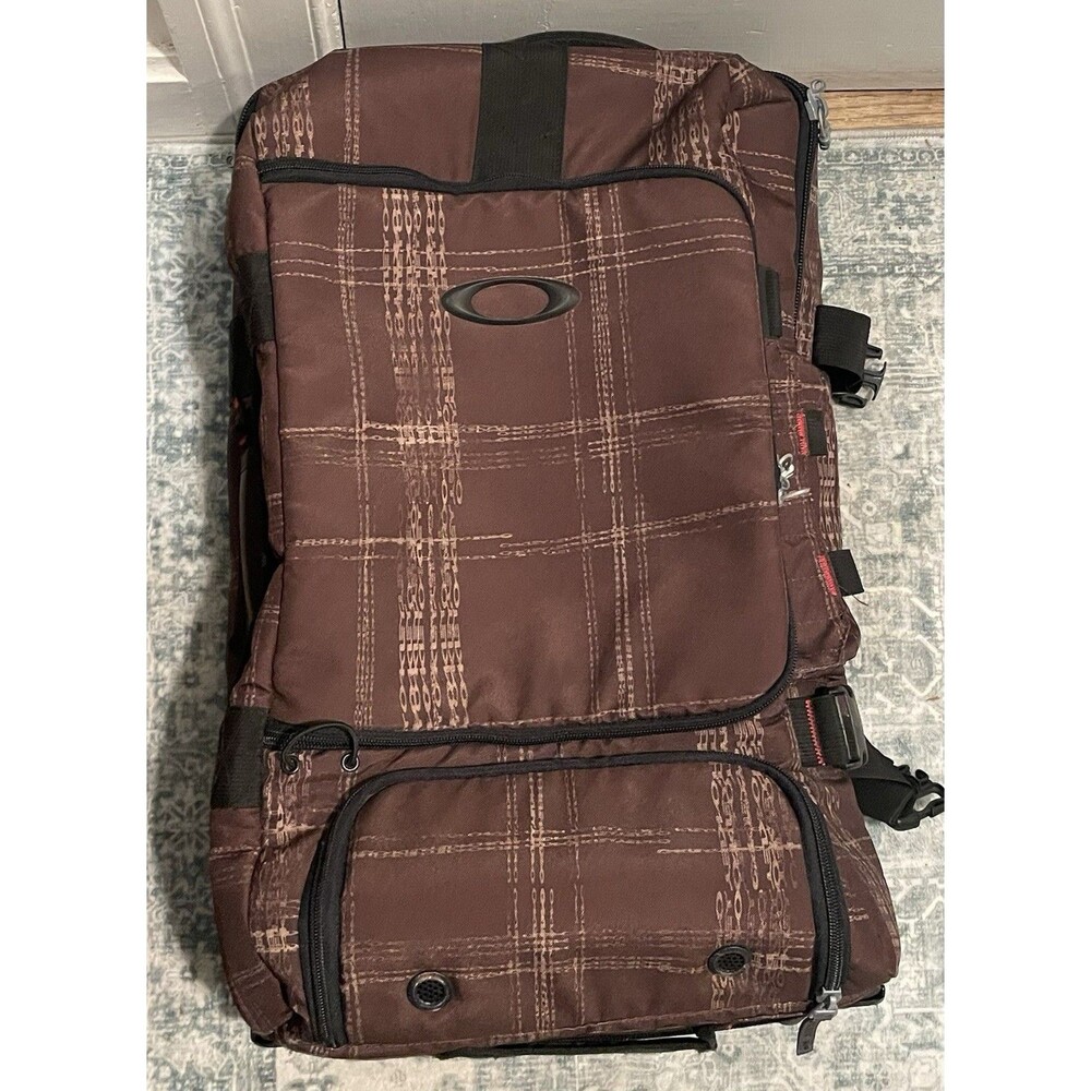 RARE Oakley Brown Plaid Carry-On Roller Luggage - 45L Travel Bag Y2K Tactical